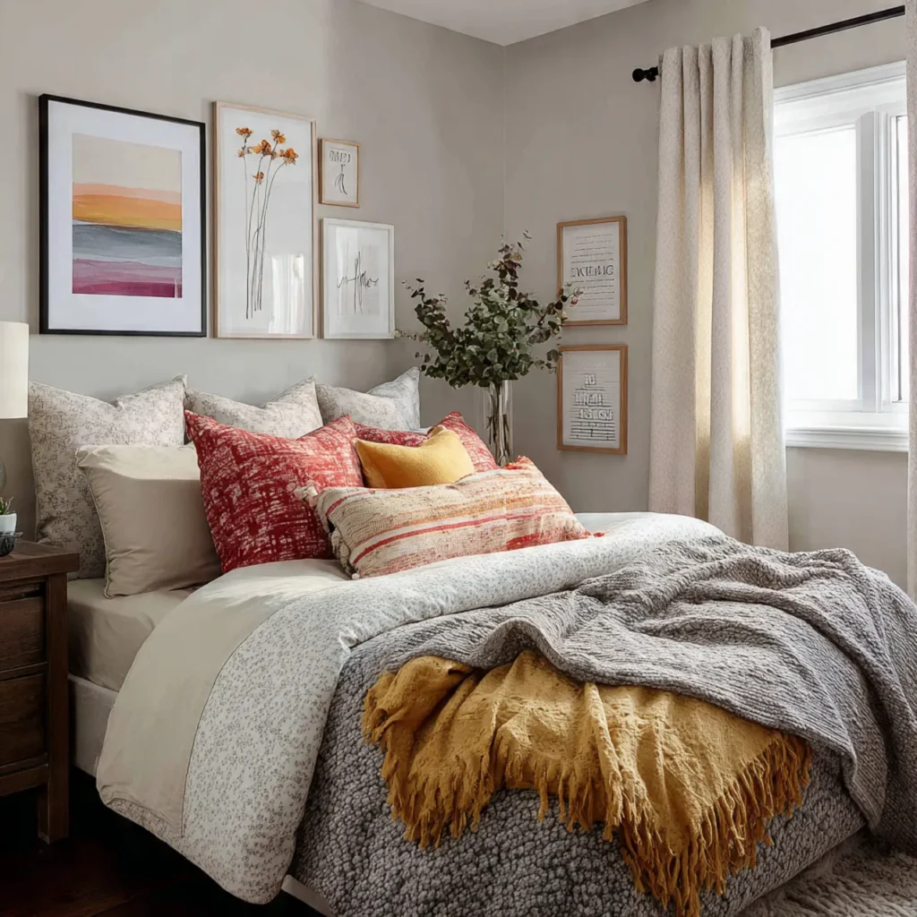 bedroom with neutral walls and bedding small pops