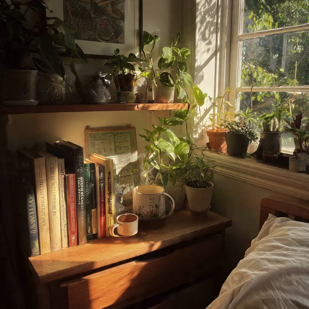 bedroom with small potted plants on a nightstand w