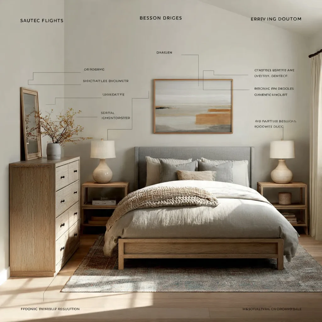 bedroom with visually balanced furniture and decor