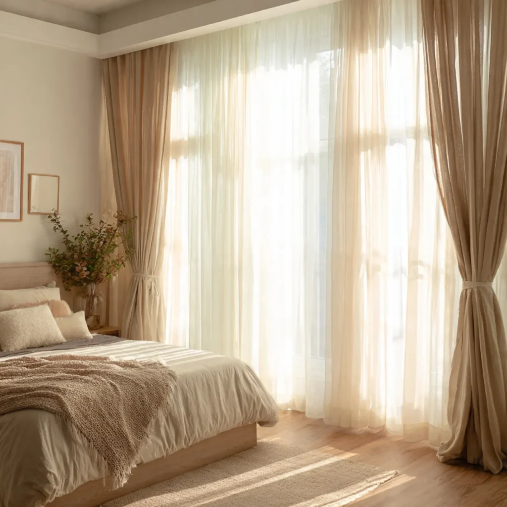 bright bedroom with layered curtains sheer panels