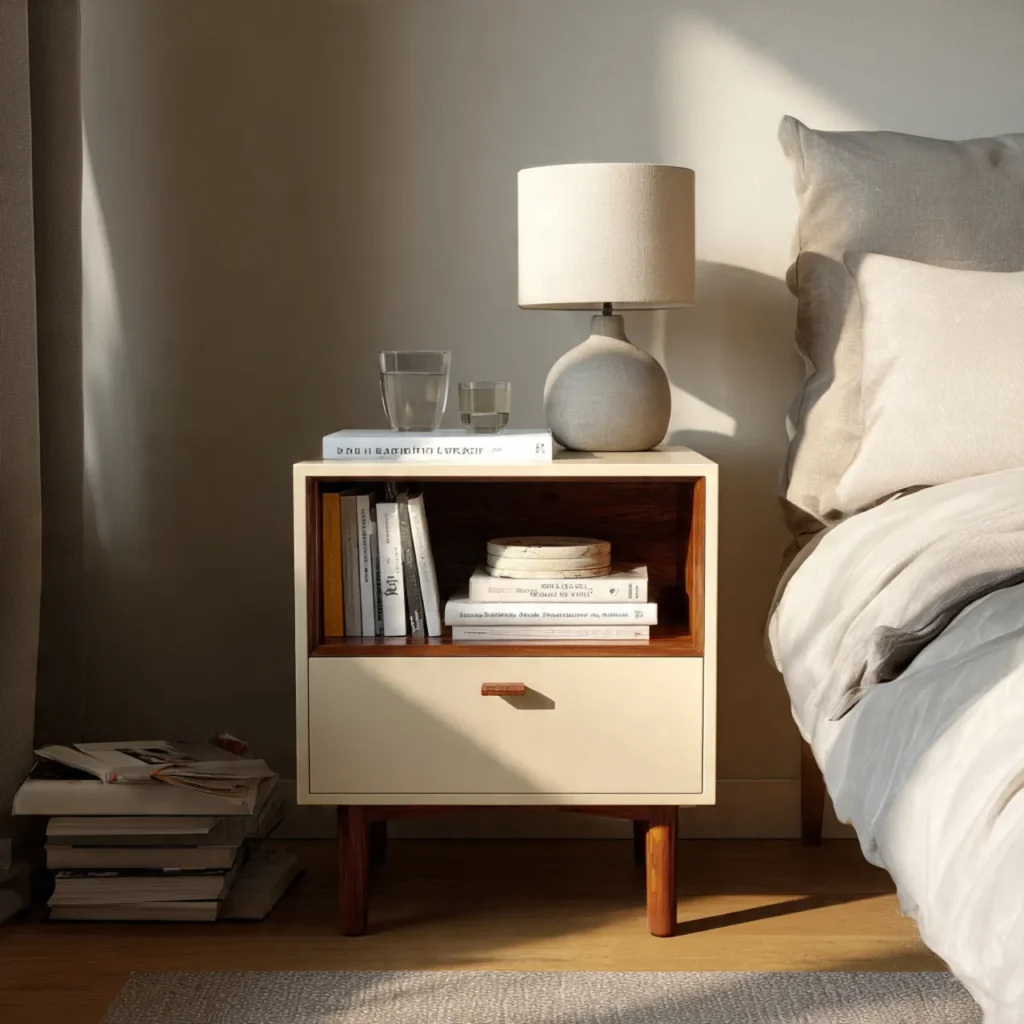 close up of a minimalist nightstand next to a neat