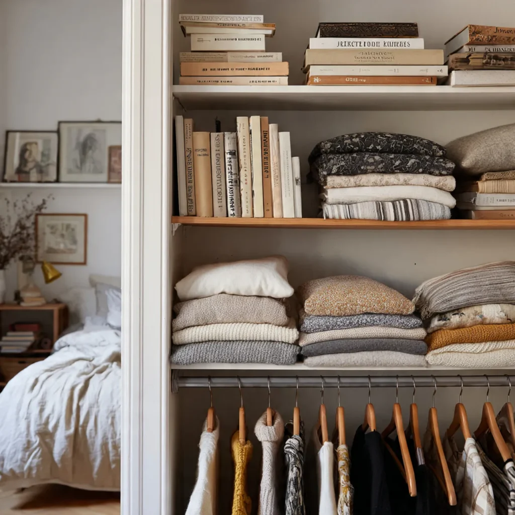 closet with neatly arranged clothes folded items o