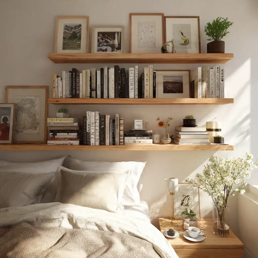 open shelving in bedroom with personal items like