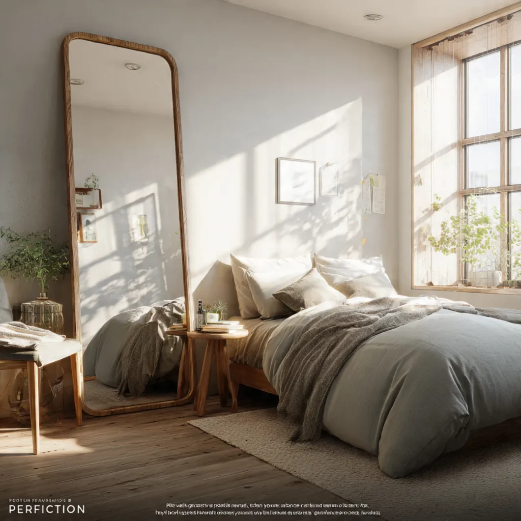 small bedroom with a large mirror reflecting light