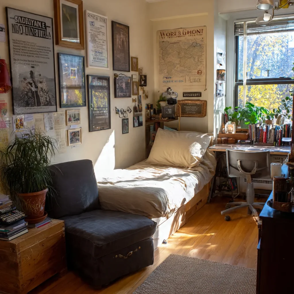 small bedroom with movable furniture like a bed re