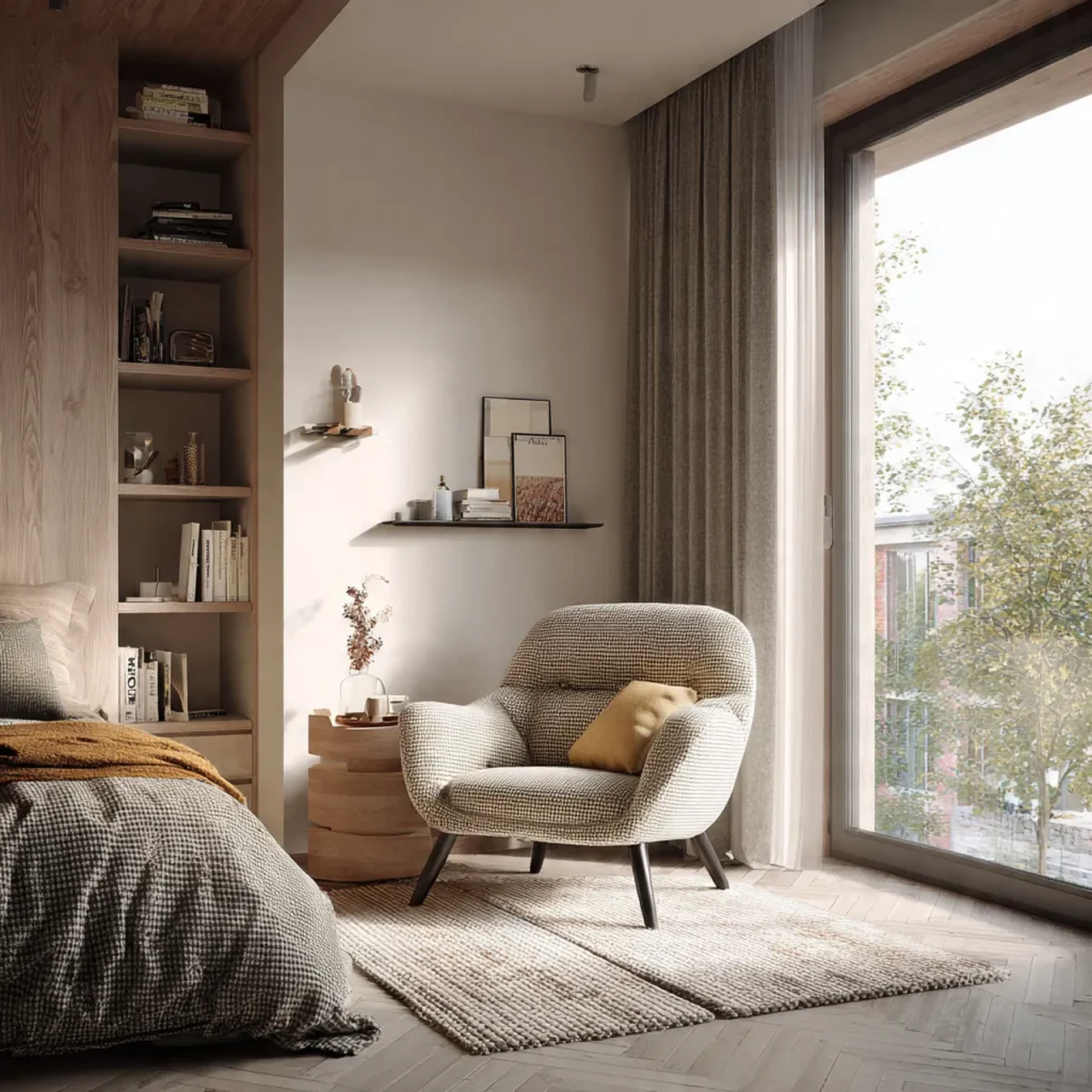 small modern bedroom with a textured rug under a r